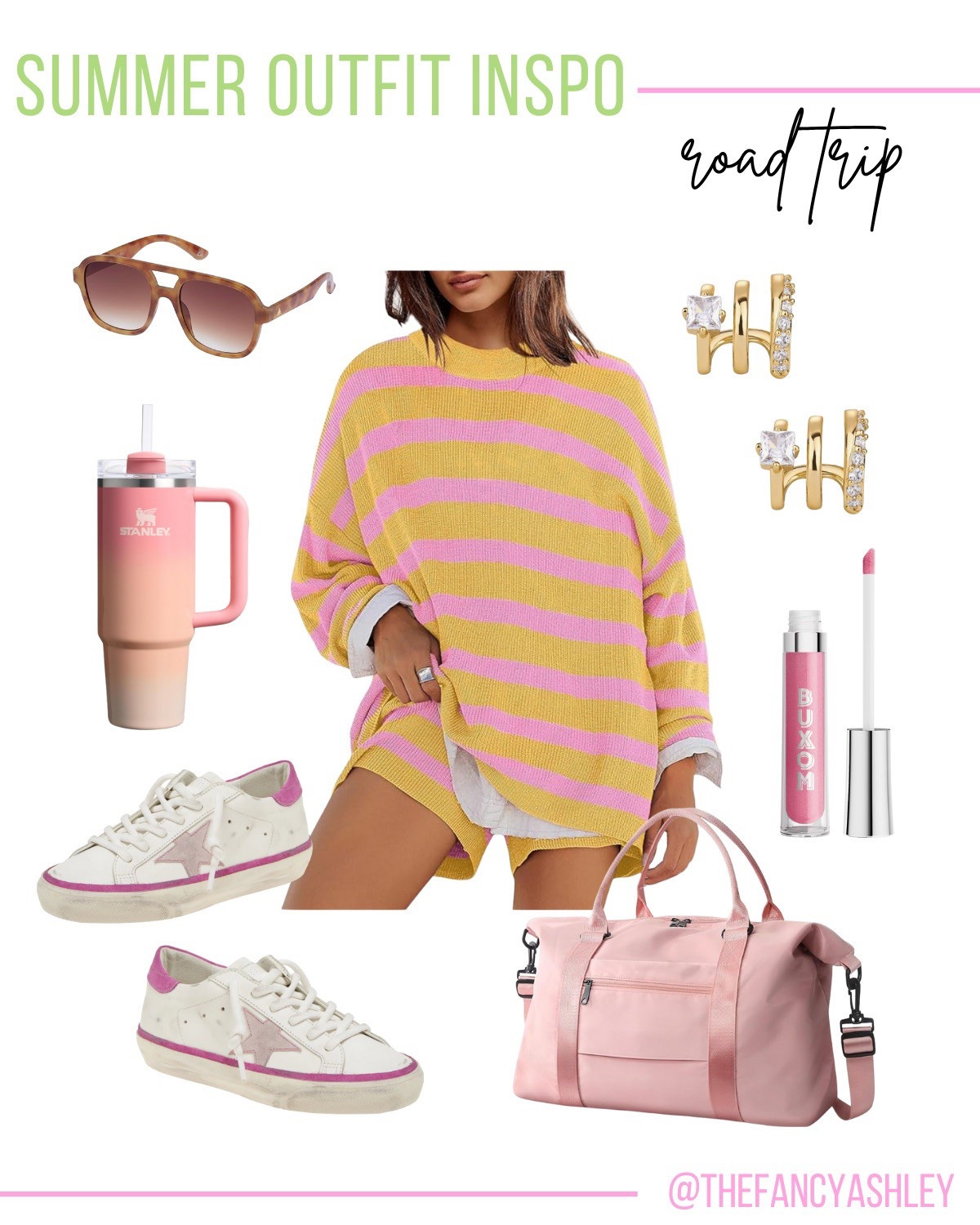 Summer road trip outfit inspo. This cute Amazon set is giving all the comfy-cute vibes with those pink stripes. Obsessed! Add in my new fave sneaks, a few accessories, and you’re road trip and travel ready.

#LTKStyleTip #LTKSeasonal #LTKTravel