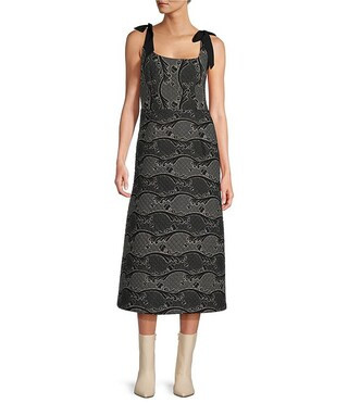 x Jennifer Sumko Schwan Scroll Print Quilting Sqaure Neck Bow Tie Tank Straps A-Line Midi Dress | Dillard's