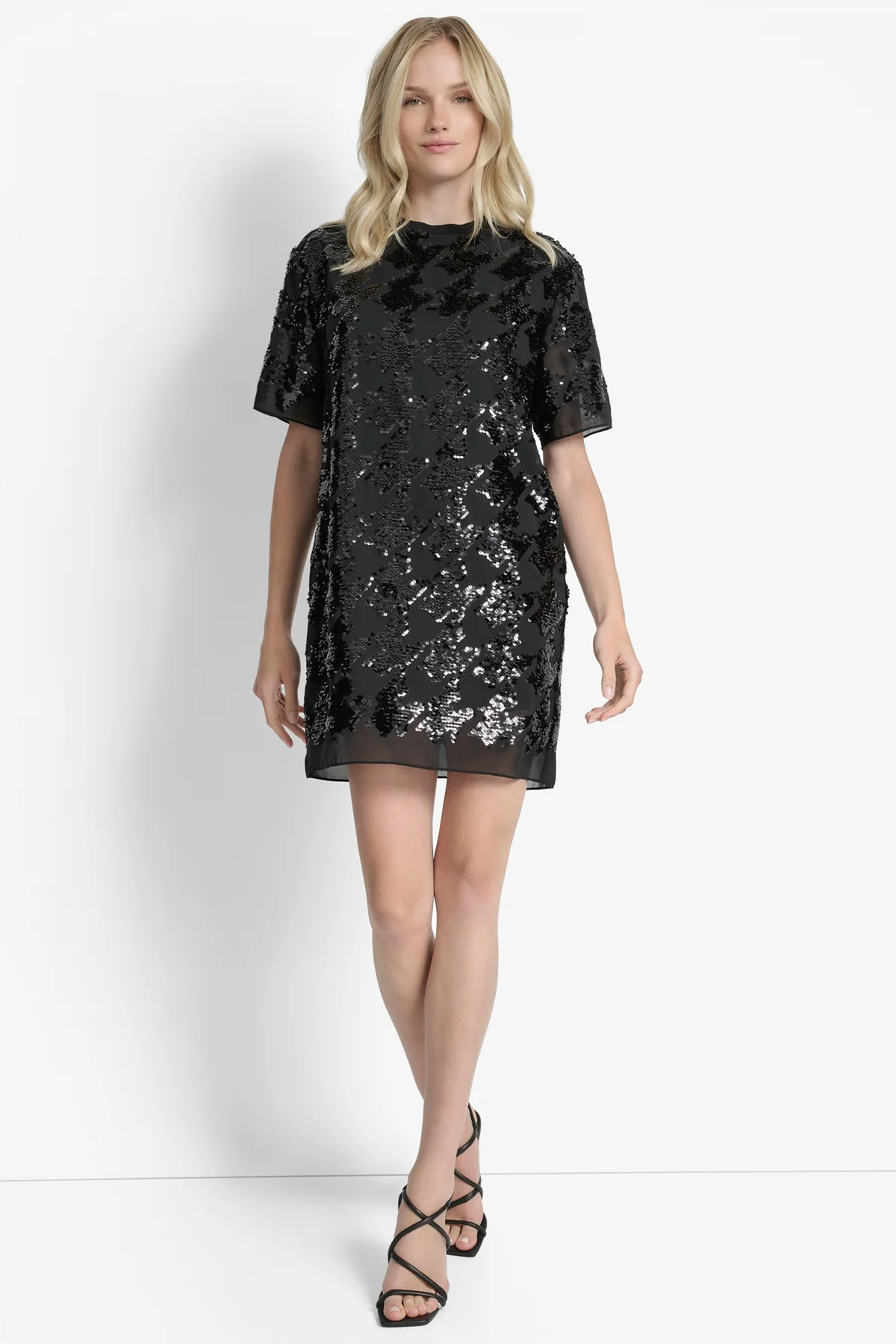 SHORT SLEEVE HOUNDSTOOTH JEWEL NECK TUNIC | DKNY