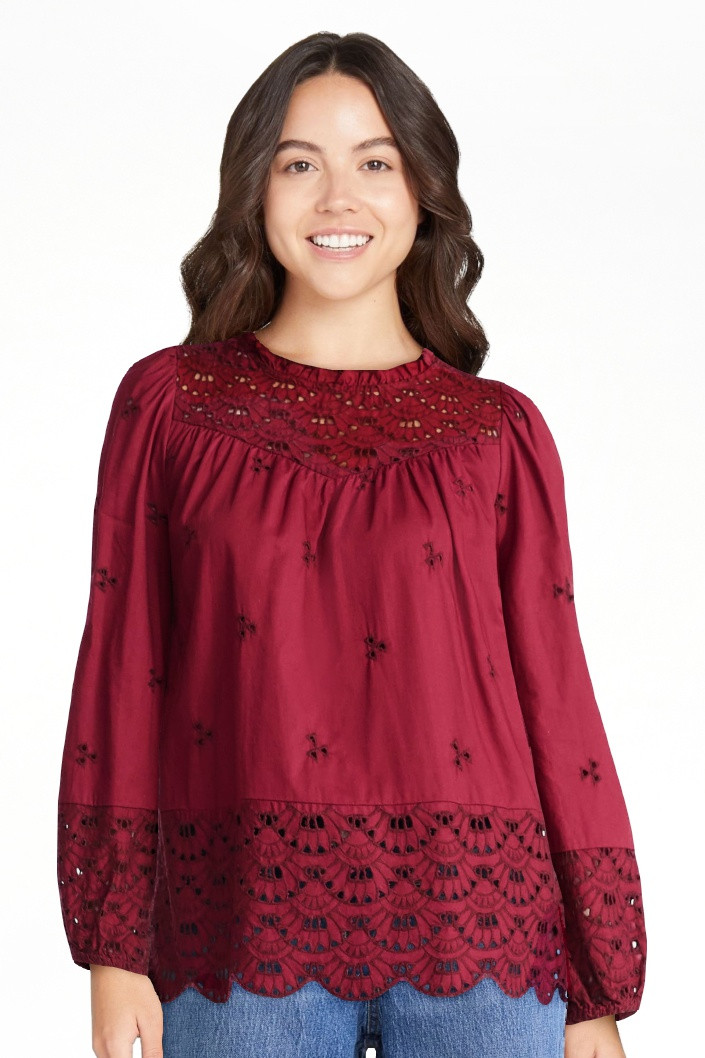 Time and Tru Women's Cotton Eyelet Blouse with Long Sleeves, Sizes XS-XXXL | Walmart (US)
