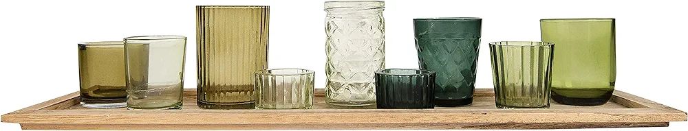 Creative Co-Op Natural Wood Tray with 9 Unique Glass Votive Candle Holders, Greens | Amazon (US)