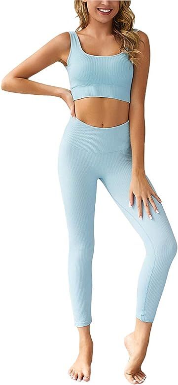 QCHENG Women's Workout Sets 2 Piece Ribbed Seamless Sports Bra and Leggings Set Gym Clothes Yoga ... | Amazon (US)