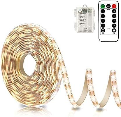 Battery Powered Led Strip Lights with Remote Warm White, 8 Modes, Dimmable, Timer, Self-Adhesive,... | Amazon (US)
