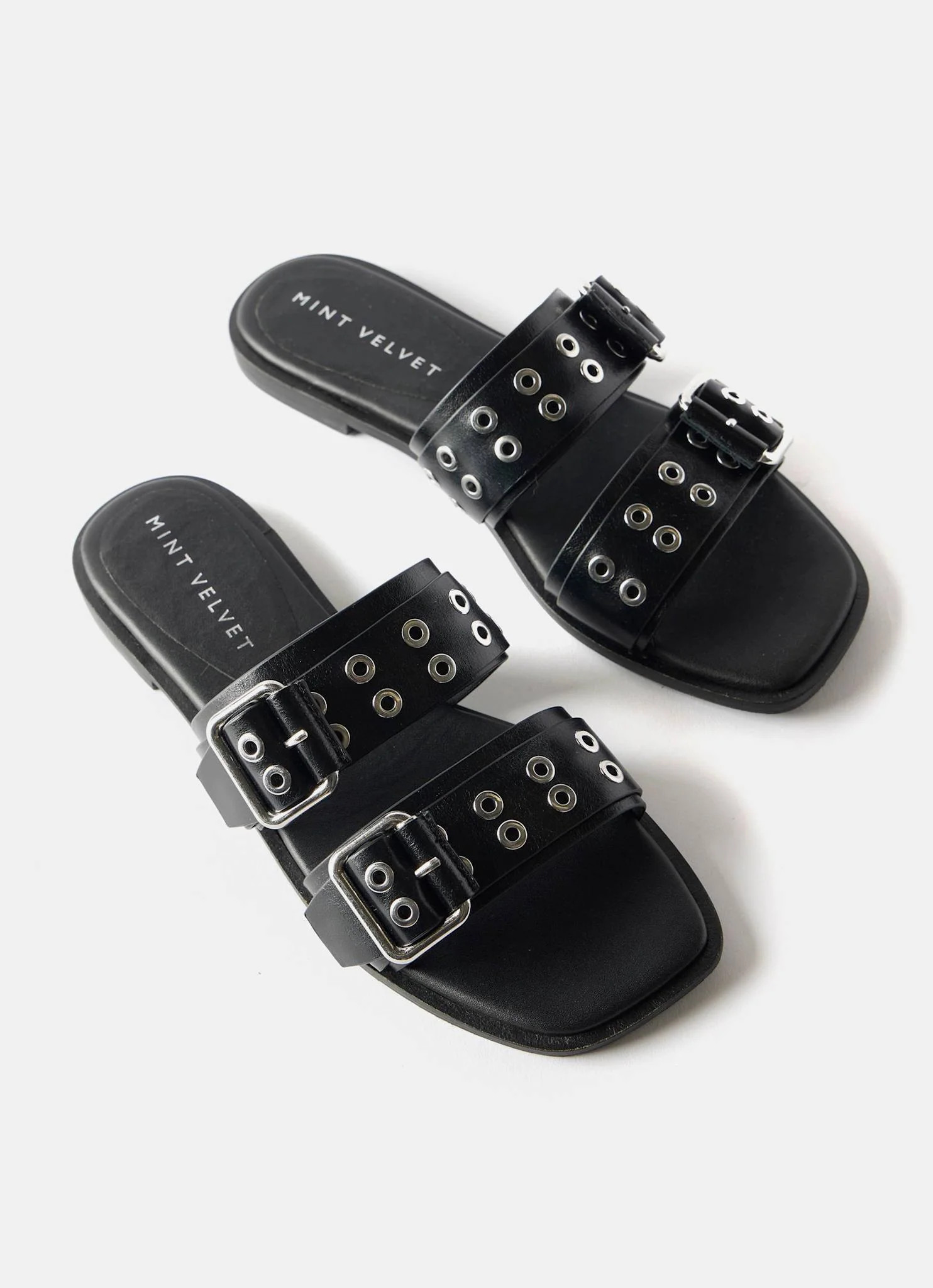 Stella Black Buckle Flat Sandals | Mint Velvet