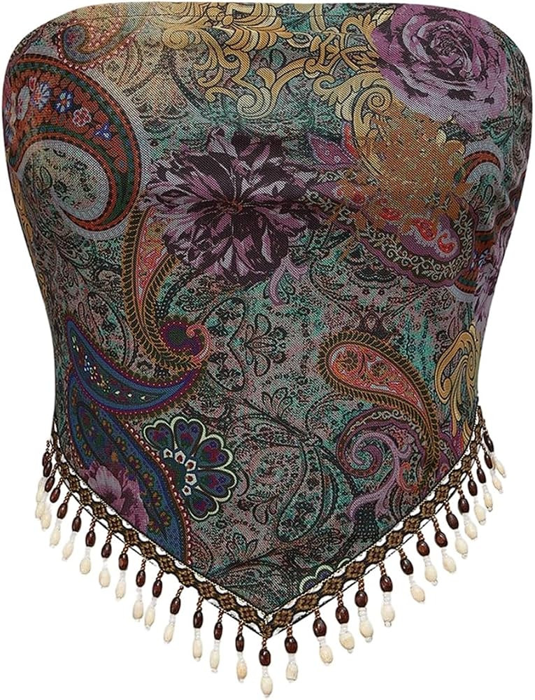 BEAUDRM Women's Boho Hippie Tops 2000s Fringe Tube Bandana Tops | Amazon (US)