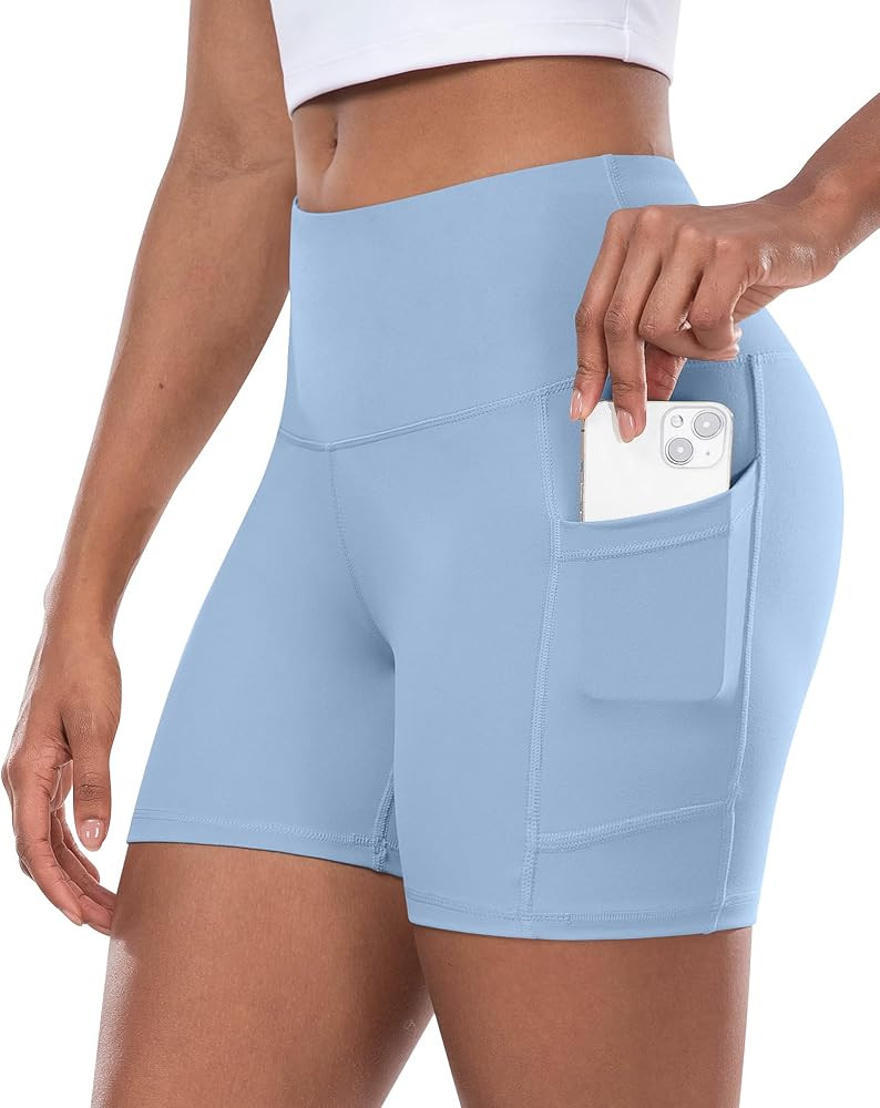 CHRLEISURE Womens Biker Yoga Shorts with Pocket, High Waisted Tummy Control 5 Inch Workout Spande... | Amazon (US)