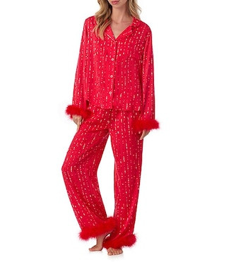 Room Service Woven Satin Sequin Print Long Sleeve Notch Collar Feather Trim Pajama Set | Dillard'... | Dillard's