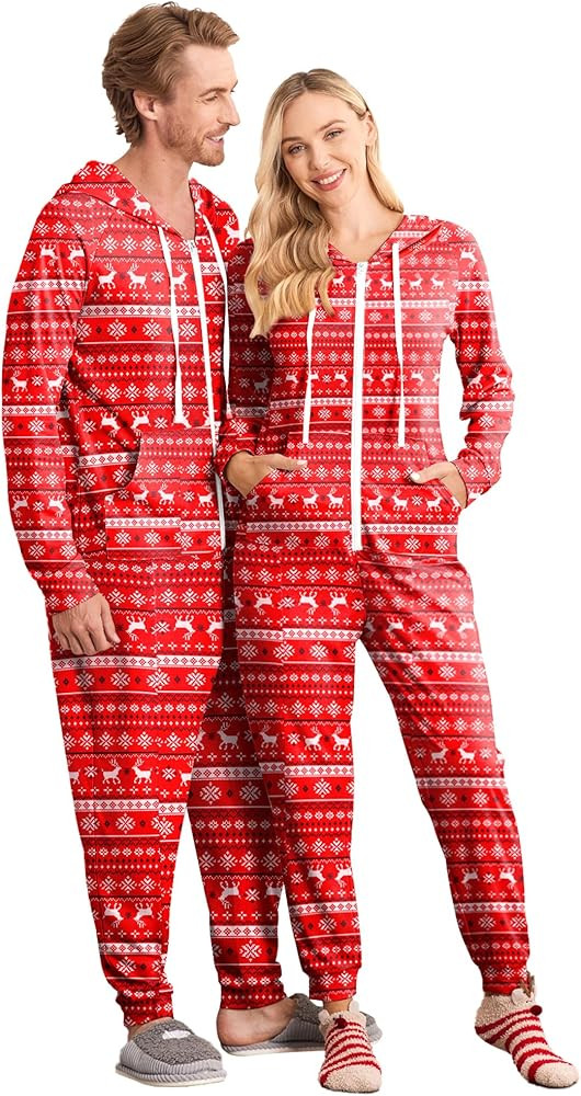 Ekouaer Christmas Onesie for Couples Zipper Hooded Adult Matching Onesie Pajamas with Pockets | Amazon (US)