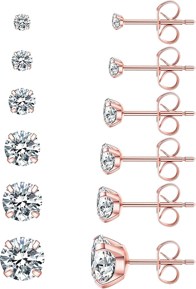 6 Pairs Stud Earrings Set, Hypoallergenic Cubic Zirconia 316L Earrings Stainless Steel CZ Earring... | Amazon (US)