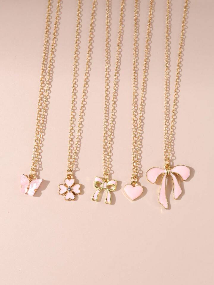 NAIZHU 5pcs/Set Children Cute Bow, Clover, Heart Pendant Necklace, Best Friends Necklace Set | SHEIN