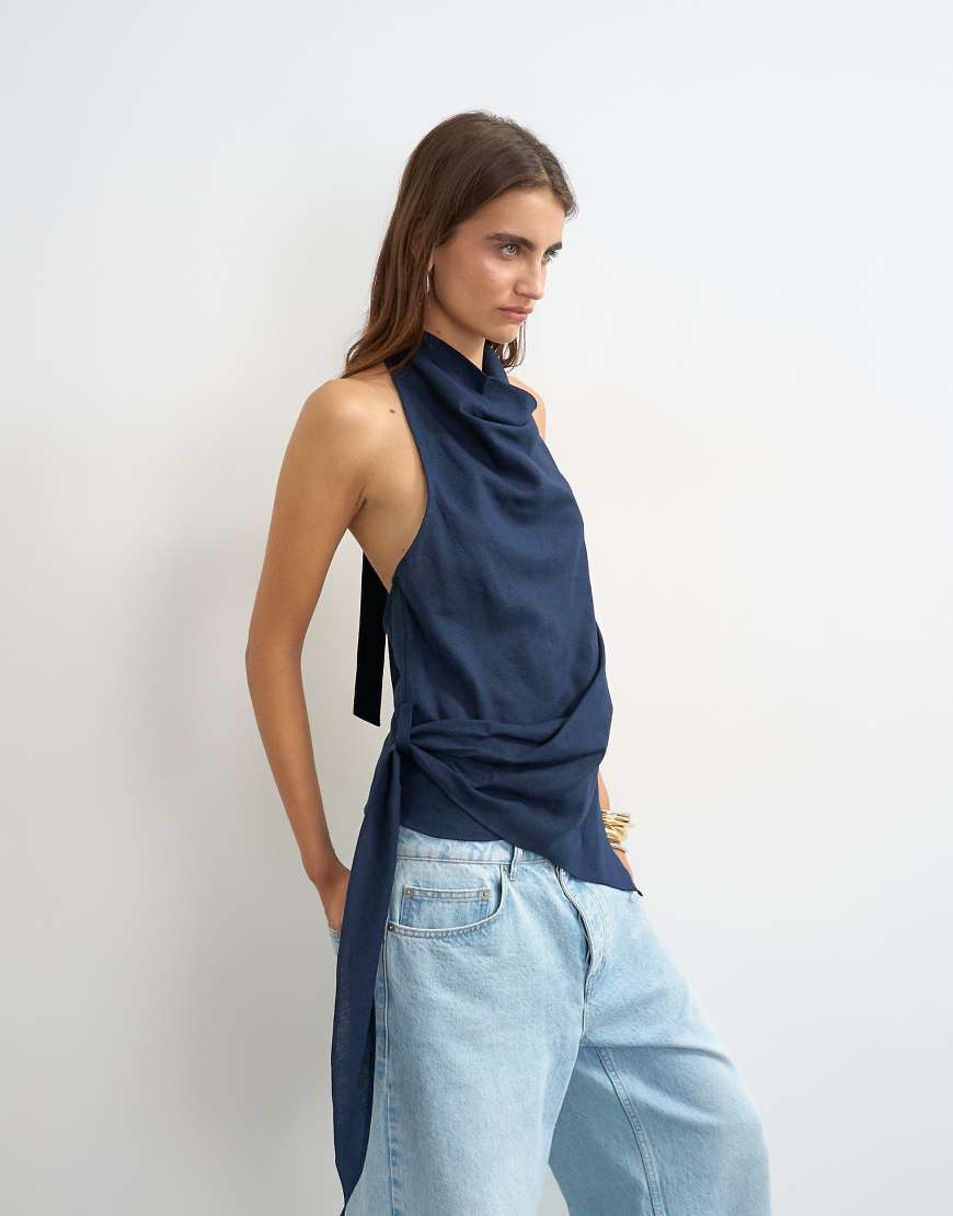 Topshop linen rich cowl tie detail top in navy | Topshop (UK, DE, FR)