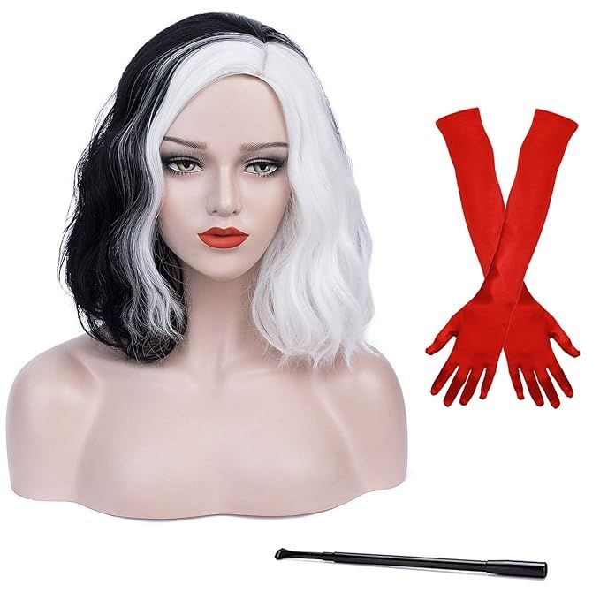Juziviee Black and White Wigs for Cruella Deville Costume Wig Cosplay Women Girls Short Curly Wav... | Amazon (US)