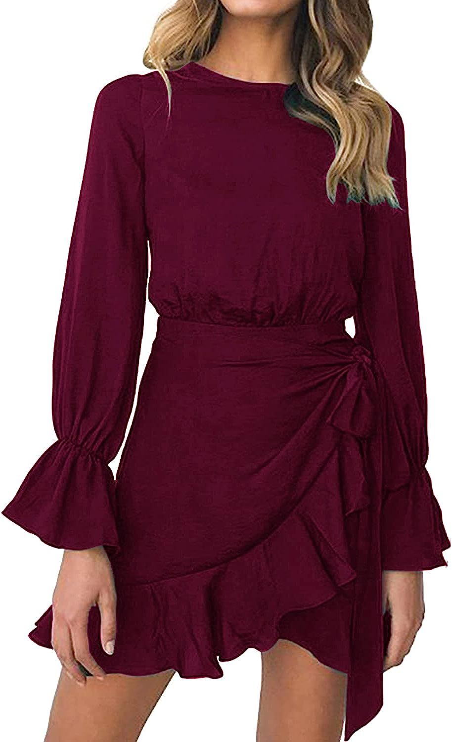 WEEPINLEE Womens Long Sleeve Round Neck Ruffles Wrap Dresses Party Dress | Amazon (US)