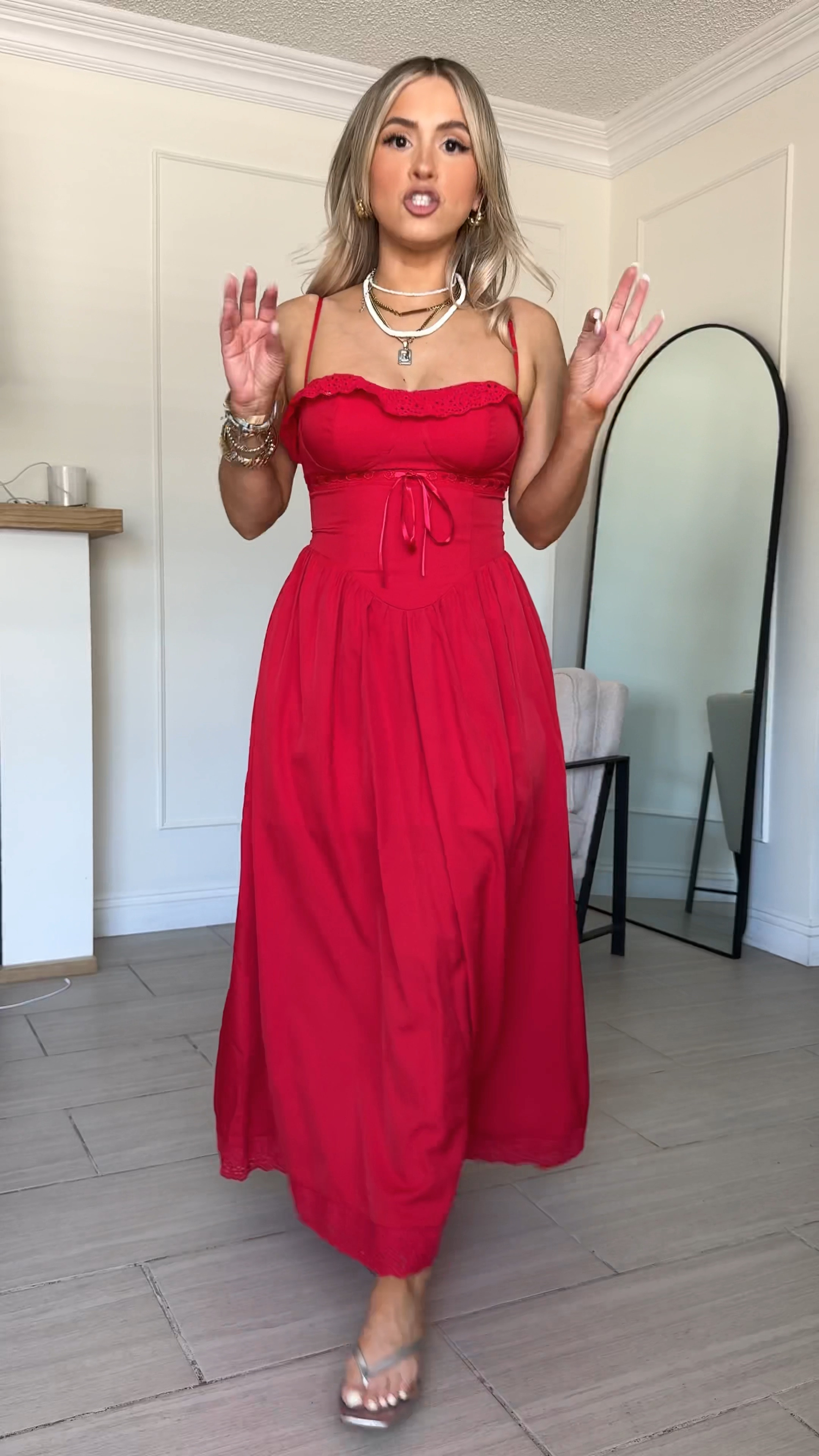 Gorgeous summer dress ☀️☀️ absolutely perfect as a formal wedding guest dress or a European vacation 🤗

✔️ I'm wearing a size small. It's corset style so you can tighten the bodice
✔️ it has a built-in slip so it's not see-through at all
✔️ it's actually incredible quality
✔️ you won't really need a bra with this because it basically has a built-in one
✔️ I linked the black one as well because it's so beautiful

✔️ I linked my all-time favorite flexible hold shape wear shorts. 
✔️ I love to layer my necklaces and bracelets, so I linked everything that I am wearing! 