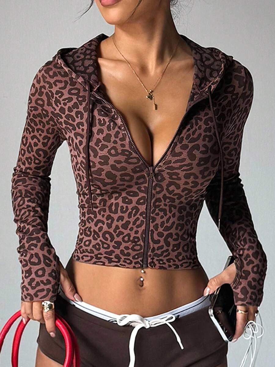 Dewbera 1pc Women's Leopard Print Hooded Zipper Jacket For Running, Outdoor Exercise, Fitness You... | SHEIN
