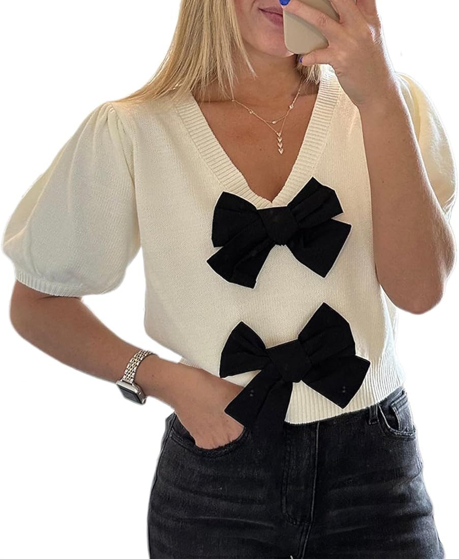 Womens Short Puff Sleeve Cropped Knit Sweater Tops V Neck Double Bow Tie Solid Color Casual Pullo... | Amazon (US)