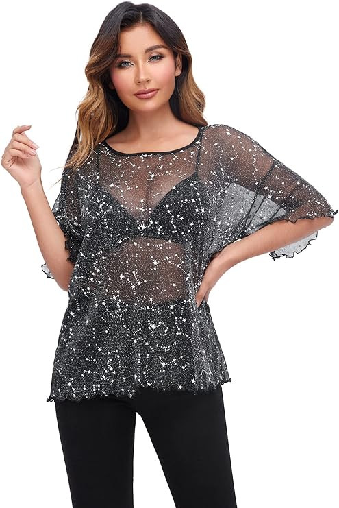 Verdusa Women's Sheer Mesh Tops Half Sleeve Longline Oversized T Shirt | Amazon (US)