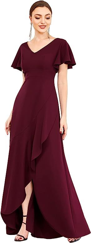 Alisapan Women's A-line V-Neck Empire Waist Side Split Short Sleeves Elastic Long Formal Dress wi... | Amazon (US)