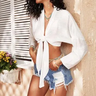 Long-Sleeve Tie-Front Crop Top | YesStyle Global