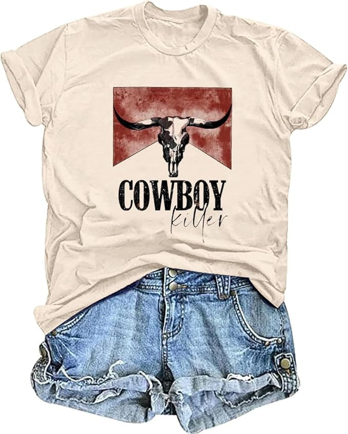 Cowboy Killer Shirt Women Wild Vintage Western Rodeo T-Shirt Bull Skull Graphic Tee Country Conce... | Amazon (US)
