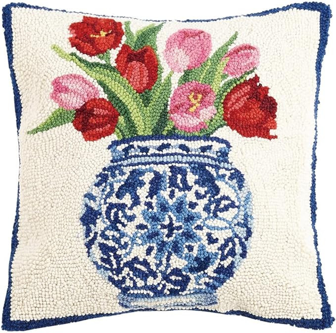 Peking Handicraft 30SER515AC16SQ Chinoiserie Vase Tulips Hook Pillow, 100% Wool and Cotton | Amazon (US)