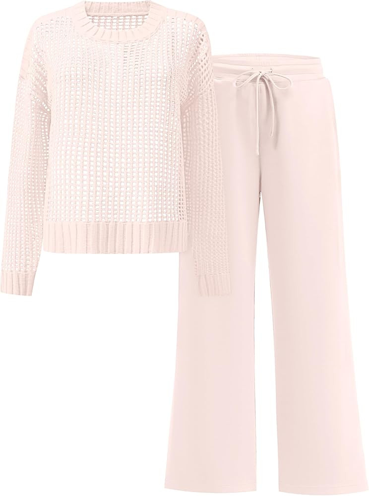 ANRABESS Womens 2 Piece Outfits Crochet Sheer Knit Sweater Top Wide Leg Pants Lounge Set Sweatsui... | Amazon (US)