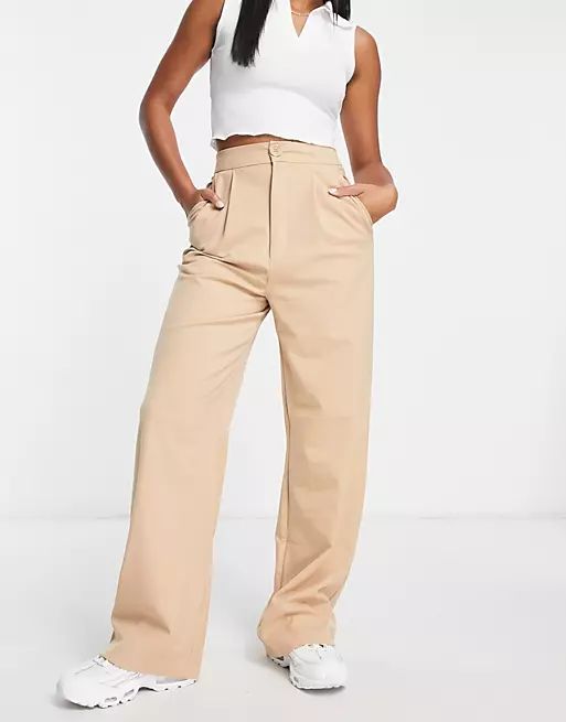 Stradivarius wide leg relaxed dad trousers in beige | ASOS (Global)