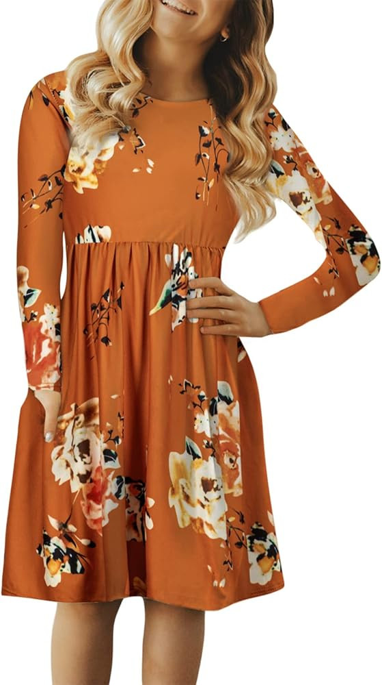 Blibea Girls Floral Print Long Sleeve Boho Empire Waist Midi Dress with Pockets | Amazon (US)