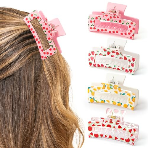 PANTIDE 4Pcs Fruit Hair Claw Clips for Women Girls - Summer Fruit Cherry Strawberry Rectangle Nonslip Banana Hair Clips, Thin Thick Short Long Curly Accessories, Mother’s Day Birthday Party Favor Gift | Amazon (US)