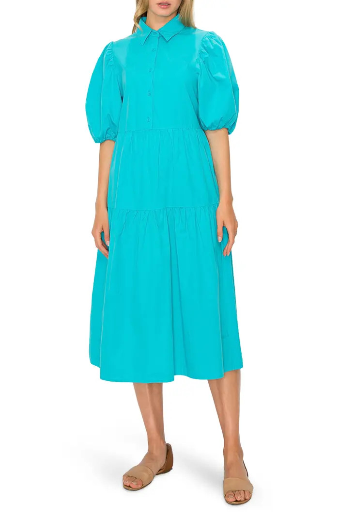 Poplin Tiered Puff Sleeve Midi Dress | Nordstrom Rack