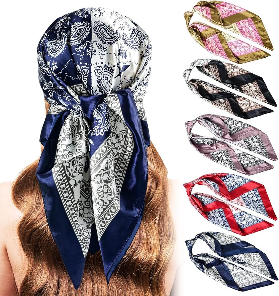 5PCS Large Satin Hair Scarf Silk Head Scarf for Women Wraps Headscarf for Sleeping Headscarf Bund... | Amazon (US)