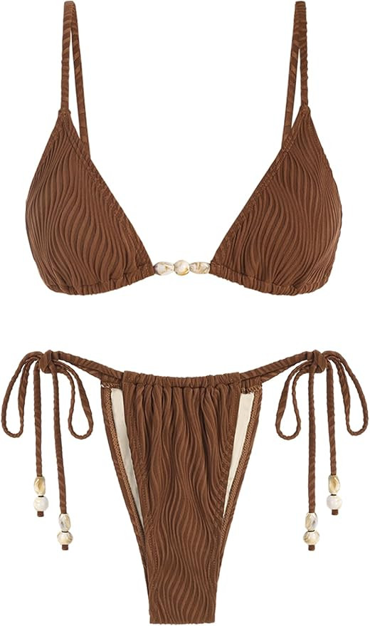 ZAFUL Women Triangle String Two Piece Bikini Fishnet Mesh Tie Shell Decor Tanga 2 Piece Swimsuit | Amazon (US)
