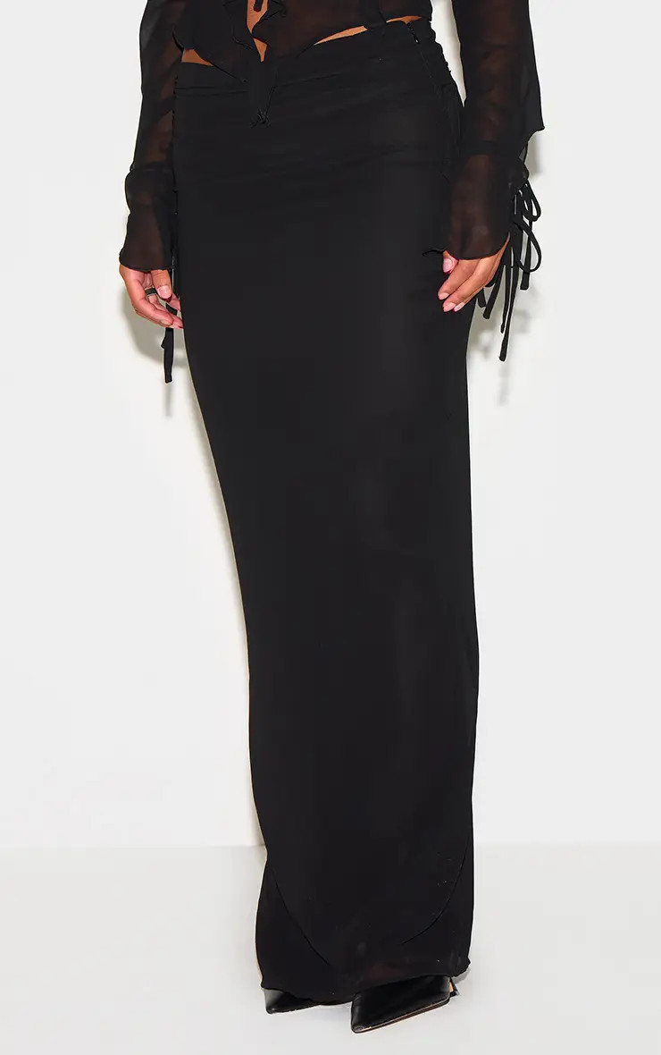 Black Ruched Chiffon Maxi Skirt | PrettyLittleThing US
