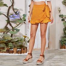 Polka Dot Tie Side Ruffle Trim Skorts | SHEIN