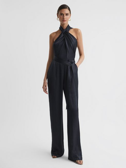 Reiss Midnight Navy Jules Satin Halter Neck Fitted Jumpsuit | Reiss US