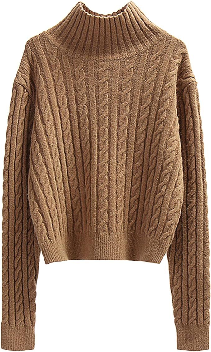 Women 2023 Fall Cropped Turtleneck Sweater Cable Knit Pullover Long-Sleeve Sweater | Amazon (US)