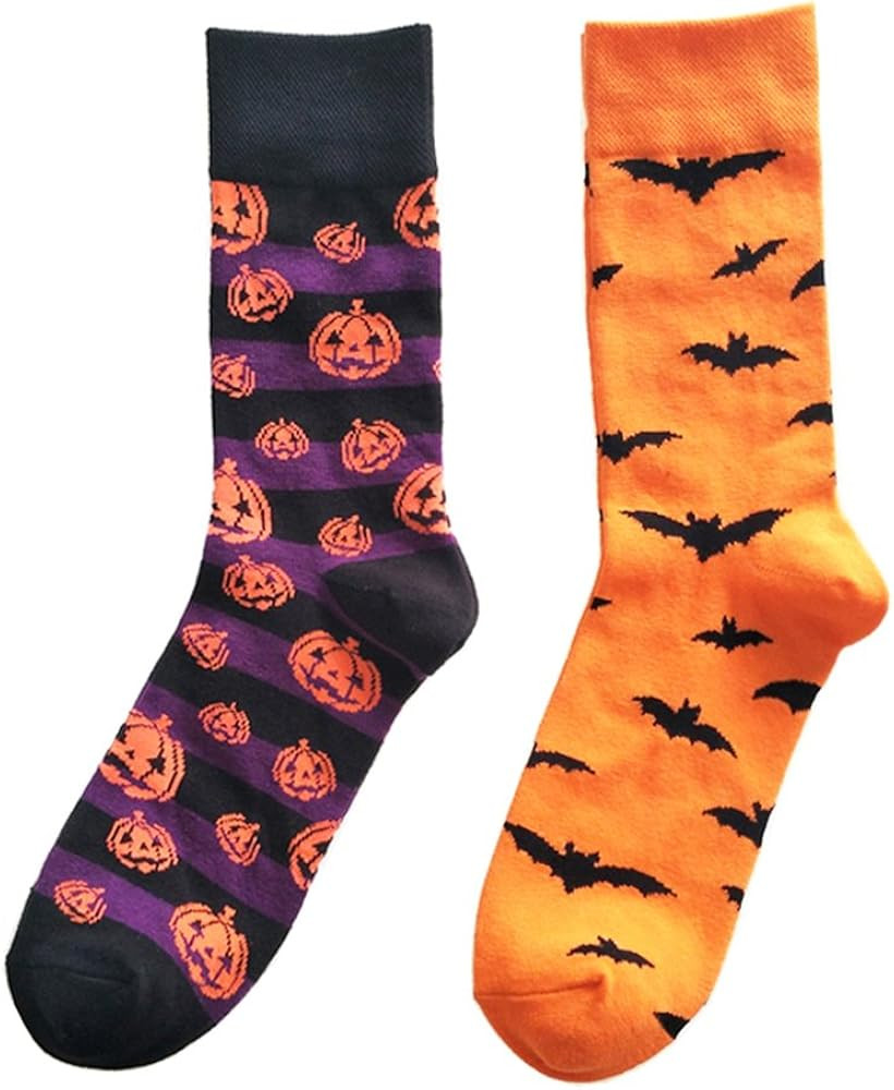SherryDC Men's Halloween Pumpkins Bats Novelty Fun Crew Length Casual Dress Socks 2-Pack | Amazon (US)