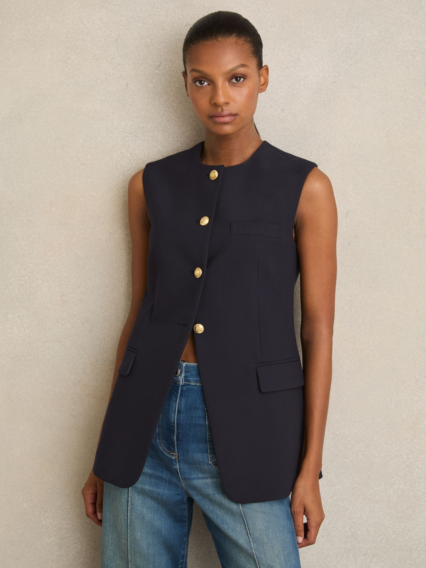 High-Neck Longline Waistcoat in Navy | Reiss US