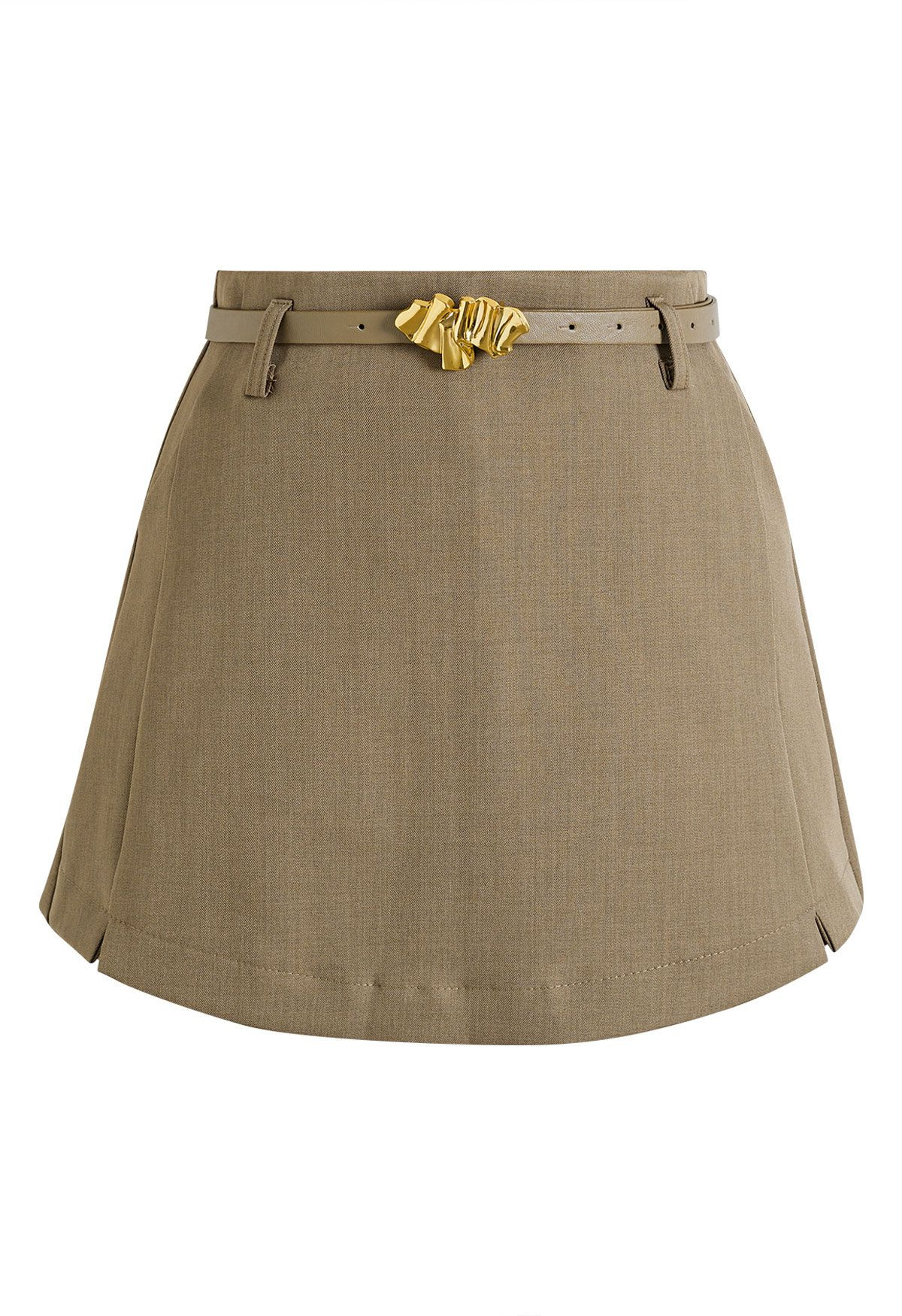 Golden Buckle Belt Side Pockets Mini Skorts in Khaki for Vacation & Chic Weekends | Chicwish