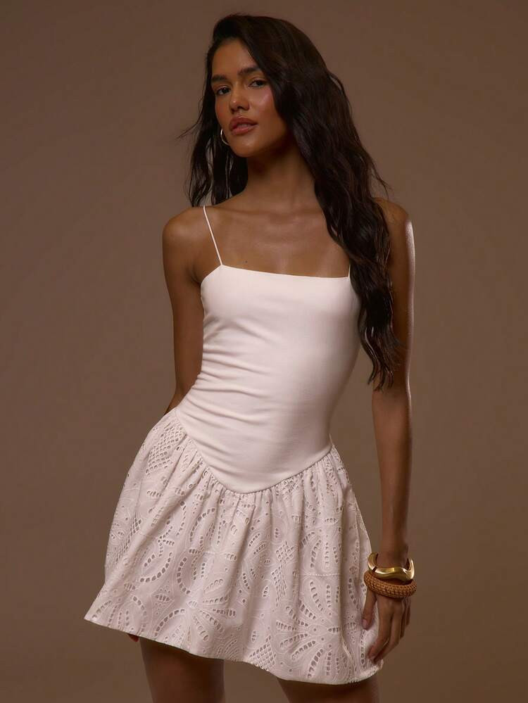 MUSERA Strappy Fitted Voluminous Ruffled Broderie Mini Dress Summer Spring Sexy Cute Holiday Vaca... | SHEIN