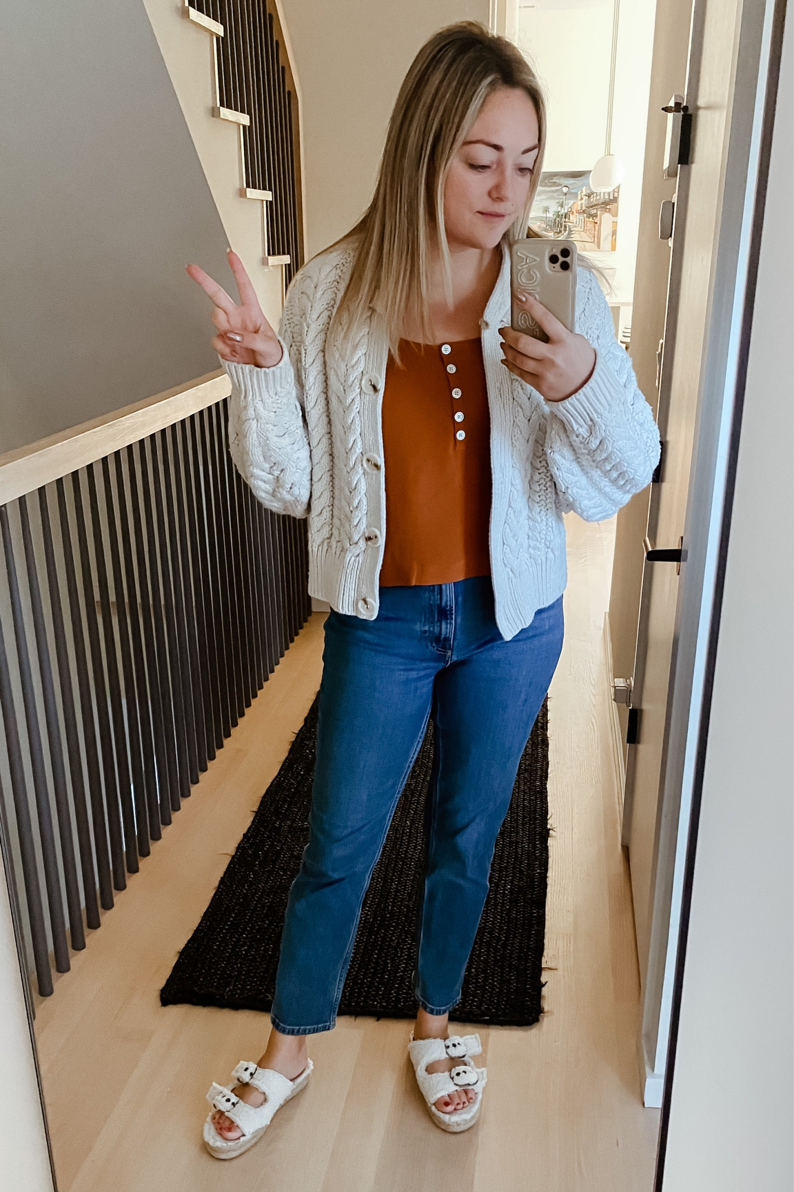 H&M Cable Cardigan — bought in 2020; linking current styles here.
Everlane Henley Tank - last fall; linking similar styles here.

Fuzzy sherpa sandals and straight leg jeans are exact! 

PS: code JRS20 saves you 20% off the sandals!

#LTKunder100 #LTKHalloween #LTKSeasonal