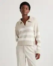 100% Organic Cropped Cotton Polo Sweater in Speckled Beige/Ivory Stripe | Quince
