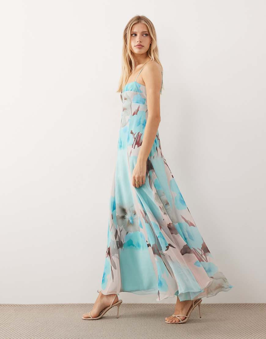 ASOS DESIGN strappy chiffon maxi dress with deep godets in blue blown up floral-No color | ASOS (Global)