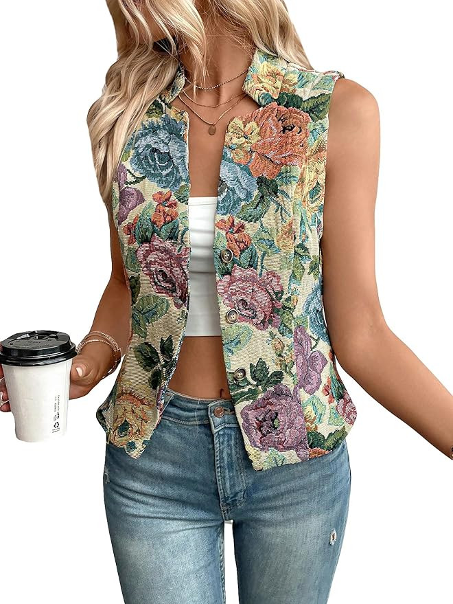 WDIRARA Women's Floral Print Waistcoat Notched Neck Button Front Single Breasted Slim Fit Vest Bl... | Amazon (US)