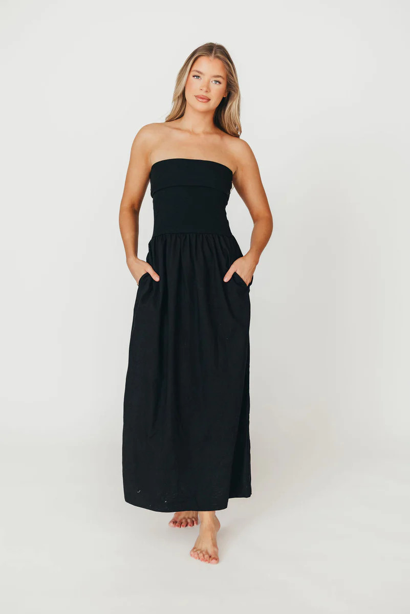 Kaylee Linen and Ribbed Knit Maxi Dress in Black | Worth Collective
