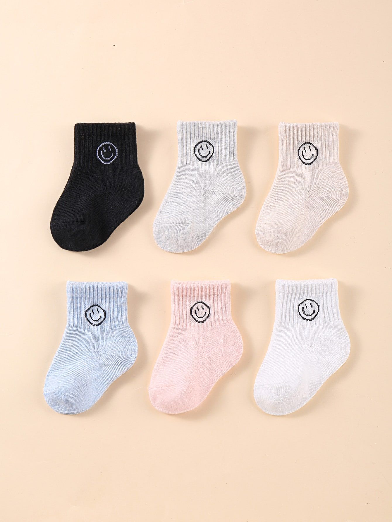 6pairs Baby Unisex Solid Color Smiling Face Socks Set, Cute Short Socks Suitable For Daily Wear | SHEIN