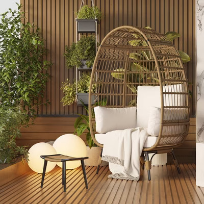 Wicker Egg Chair, Oversized Patio Egg-Shaped Basket Chair, Metal Frame Stand, PE Rattan Lounge Chairs with Beige Cushions for Terrace, porch, bedroom | Target