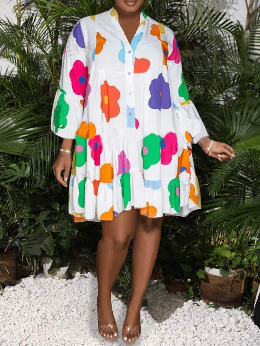 SHEIN Slayr Women's Vacation Flower Printed Ruffle Sleeves Oversize Open Front Shirt Dress | SHEIN