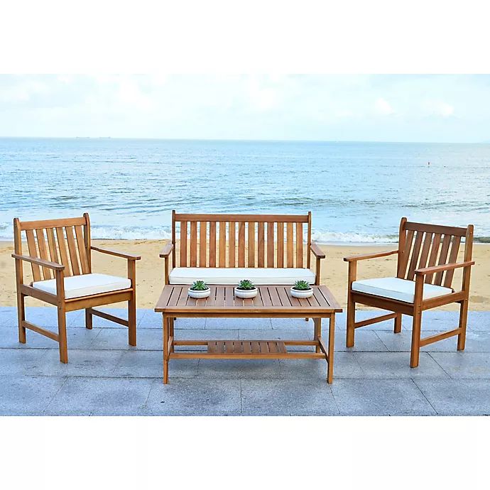 Safavieh Burbank 4-Piece Outdoor Conversation Set in Teak/Beige | Bed Bath & Beyond