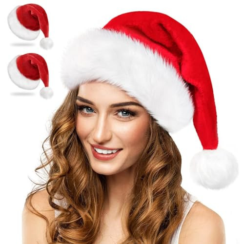 RJVW 2 Packs Christmas Hat, Santa Hat, Xmas Holiday Hat for Adults, Unisex Velvet Classic Santa Hat for Xmas New Year Party Headwear | Amazon (US)